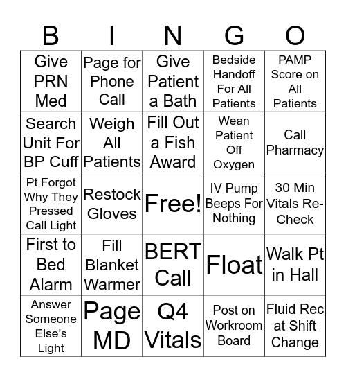 RN Day Shift Bingo Card