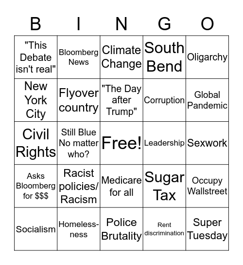Democratic Primary "Debate" Bingo Card