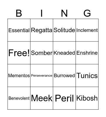 Vocabulary Bingo Card