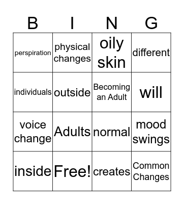 Growing Up Bingo Card