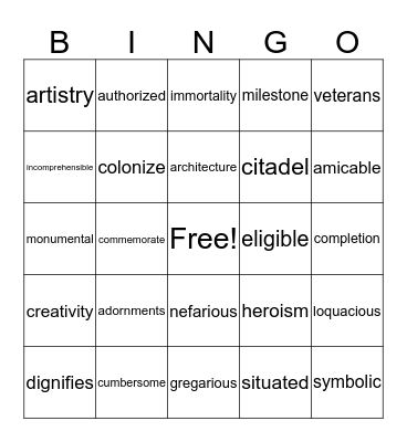 Vocabulary Bingo Card