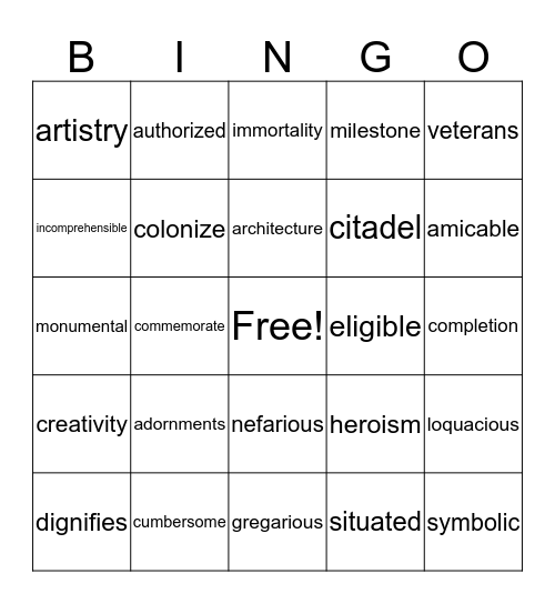 Vocabulary Bingo Card