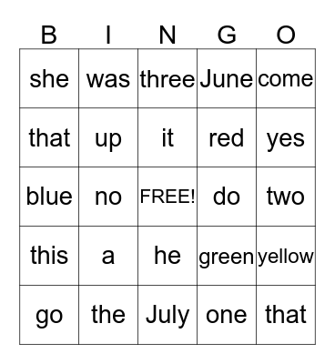 Sight Word Bingo Card