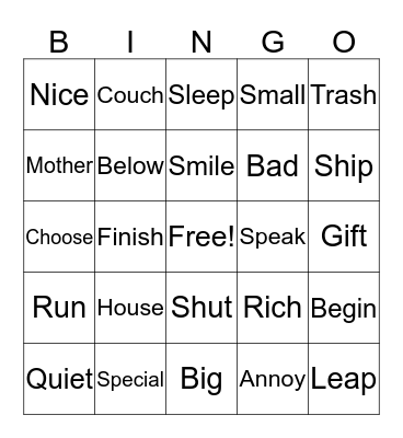 Synonyms Bingo Card