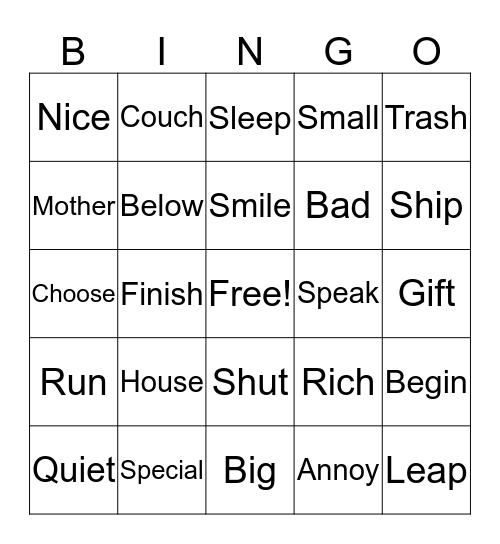 Synonyms Bingo Card