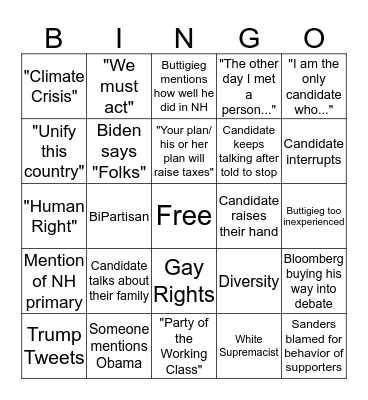 2020 Democratic Debate Bingo Card