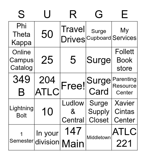 Cincinnati State Surge Bingo Card