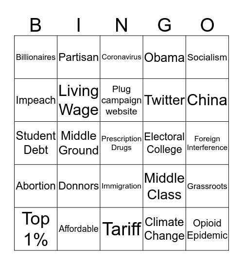 2020 Democratic Debate Bingo Card