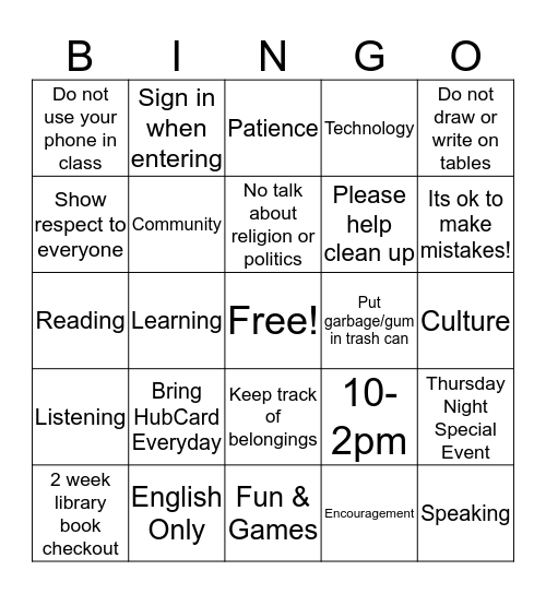 Hub Bingo Card