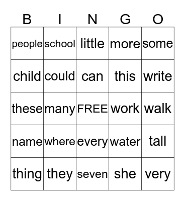 SIGHT WORD Bingo Card