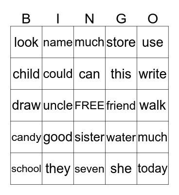 SIGHT WORD Bingo Card