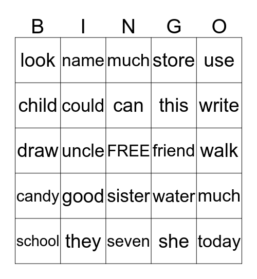 SIGHT WORD Bingo Card