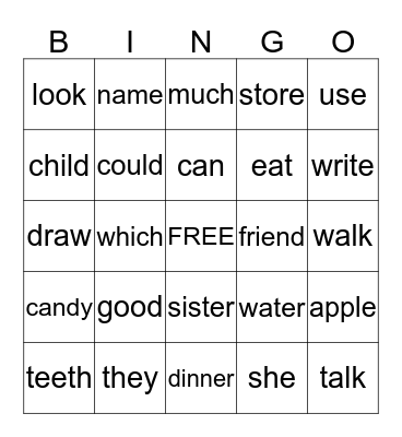 SIGHT WORD Bingo Card