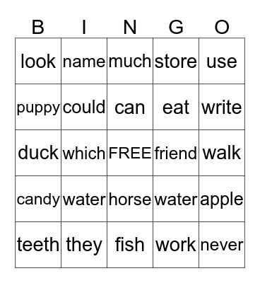 SIGHT WORD Bingo Card