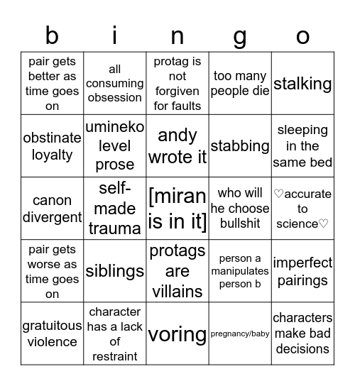 zavs ultimate fic bingo Card