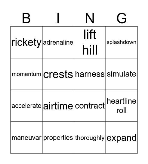 Roller Coasters Vocabulary Bingo Card