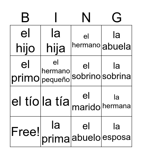 La Familia Bingo Card