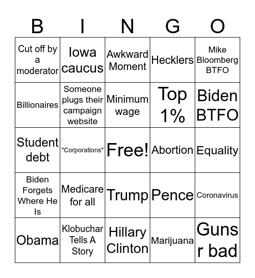 Democratic Debate 2020 Feb.19 Bingo Card
