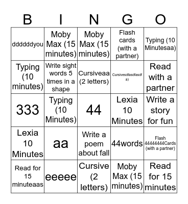 Weekly Activities Bingo Card