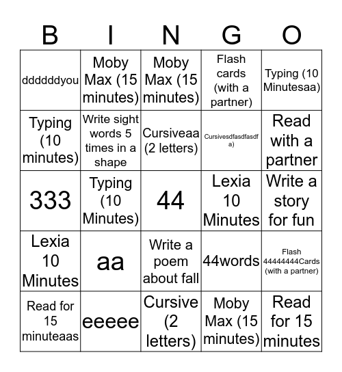 Weekly Activities Bingo Card