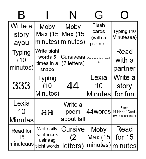 Weekly Activities Bingo Card