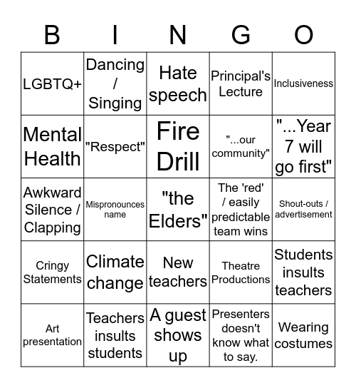 Assembly Bingo Card