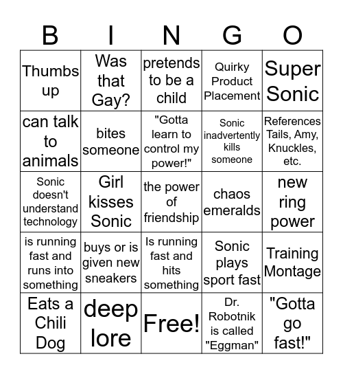 Sonic Bingo Card