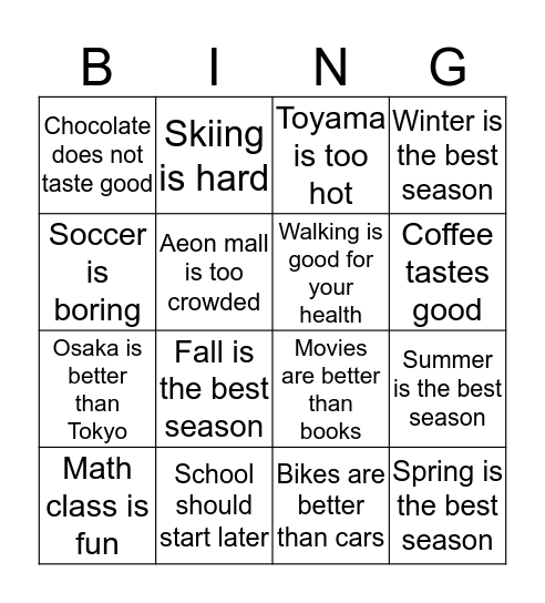 Opinion Bingo Card