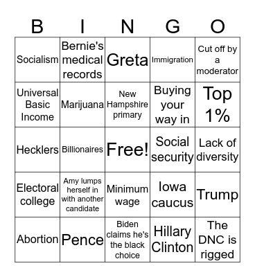 Democratic Debate 2-19 Bingo Card