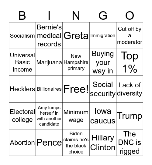 Democratic Debate 2-19 Bingo Card