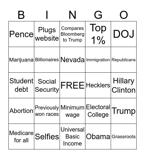 February 19, 2020 Debate Bingo Card