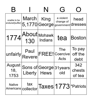 The Boston Tea Party Bingo Card