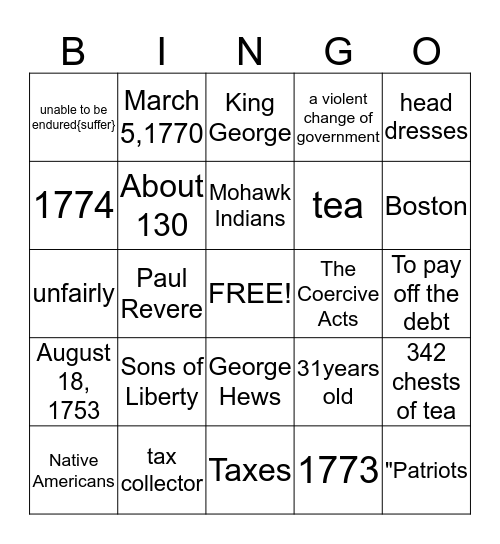 The Boston Tea Party Bingo Card