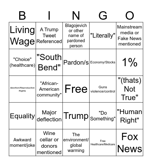 2020 Democratic Debate Bingo Card