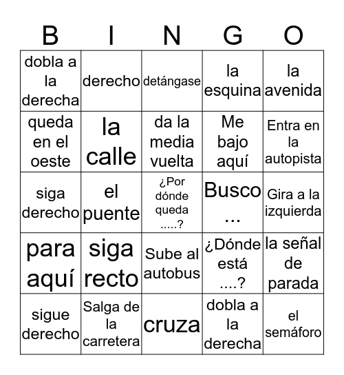 Asking and Giving Directions Bingo Card