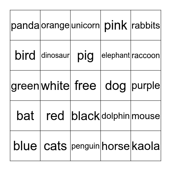 Animal and Colors Bingo Card