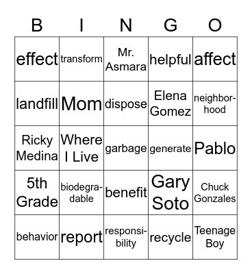 Key Words, Characters, Story Elements Bingo Card