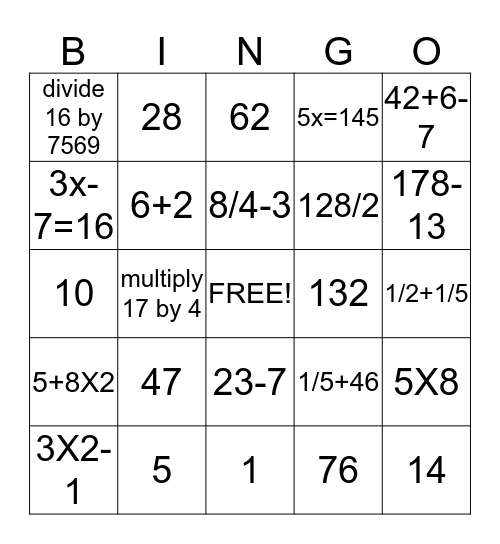 MATH Bingo Card