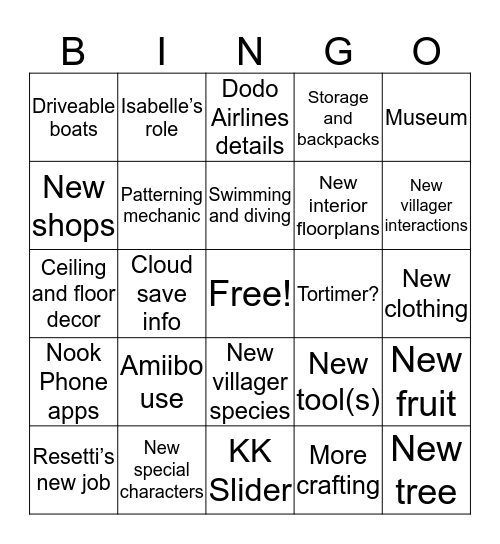 Feb 2020 Animal Crossing Direct Bingo Card