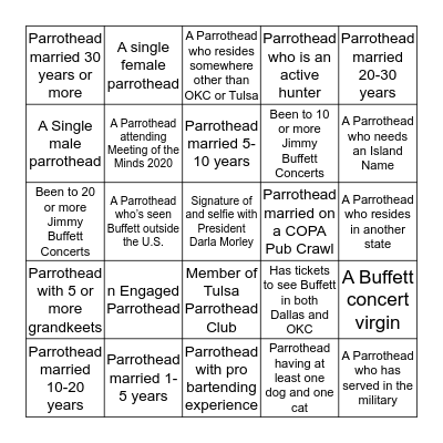 Parrothead Bingo Card