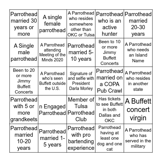 Parrothead Bingo Card