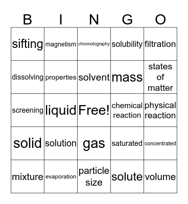 Mixtures and Solutions Bingo Card