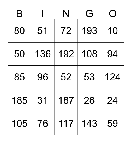 Numbers Bingo Card