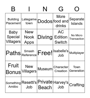 Aminal Crossing Direct Bingo Card