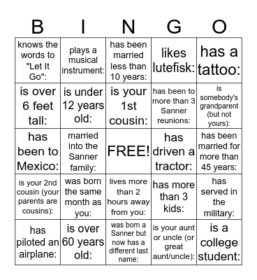 Sanner Family Bingo Card