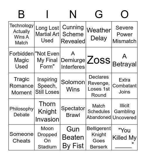 Tournament of Power Bingo Card