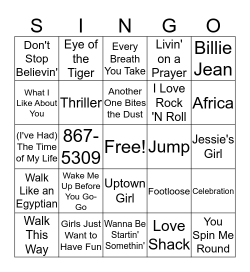 1980s Singo Bingo Card