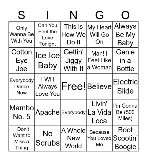 1990s Singo Bingo Card