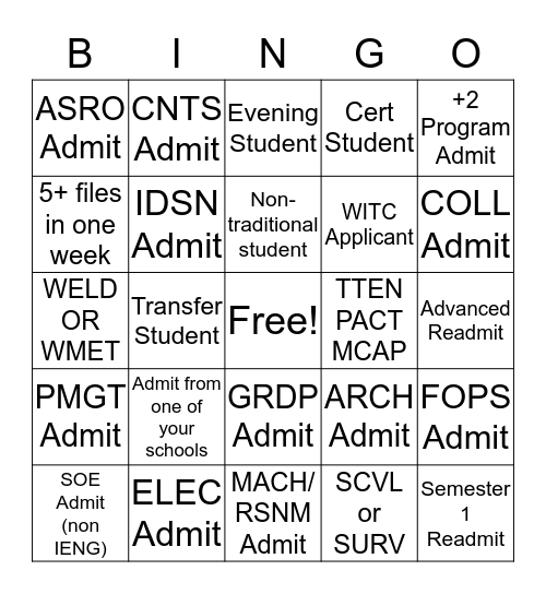 Admissions Bingo Card