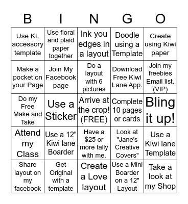 KIWI LANE  Bingo Card
